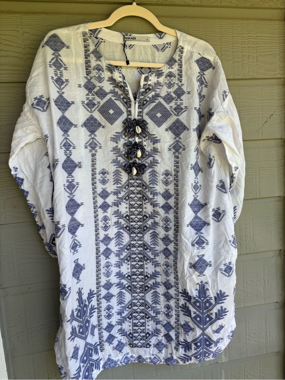 Khaadi White Embroidered Boho Tunic with Navy Geometric Print